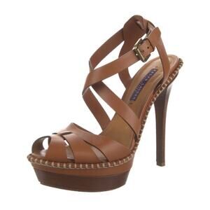 Ralph Lauren Collection Platform Sandal Cognac Brown Leather High Heels Jodene 8